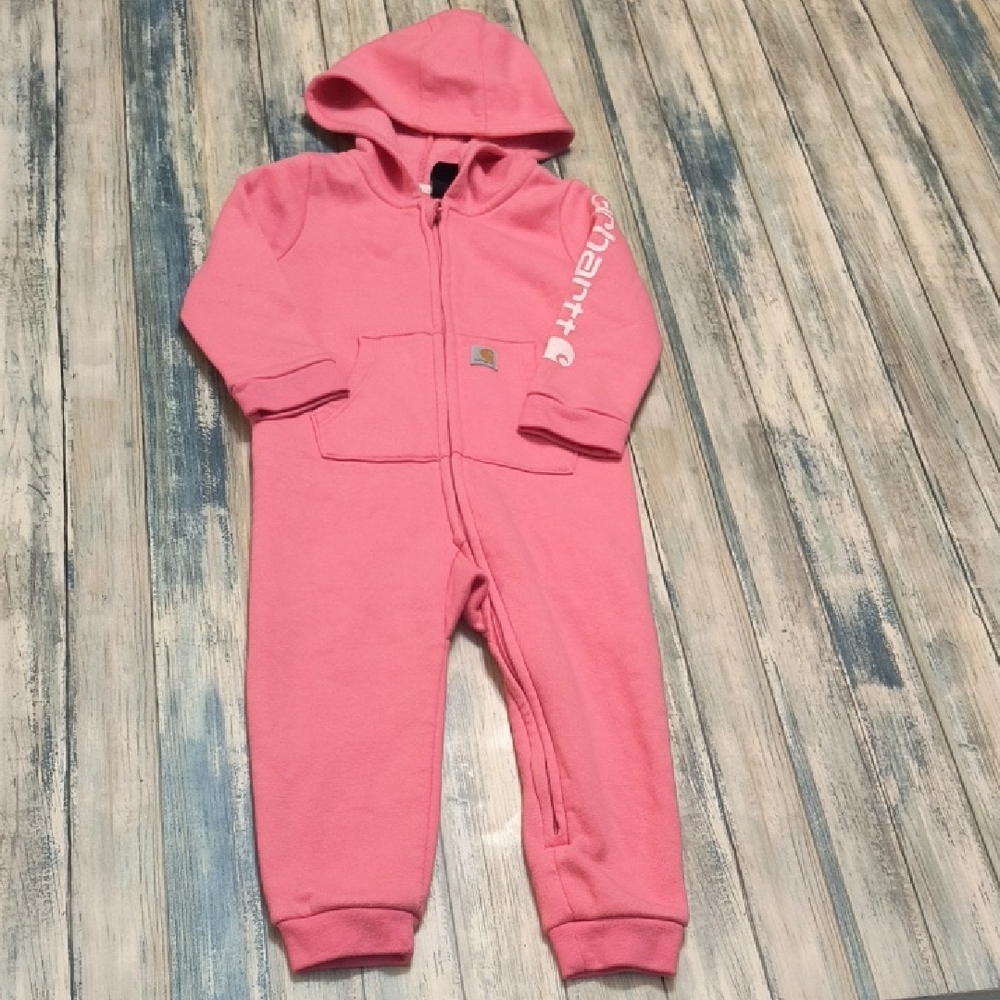 Pink Carhartt Hooded Zip Up Jumpsuit Sz 18 Months